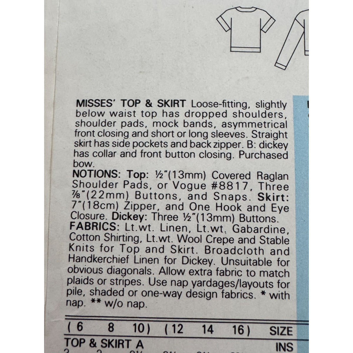 Vogue Sewing Pattern 9340 Misses Work Top Dickey Straight Skirt 6 8 10 1980s UC