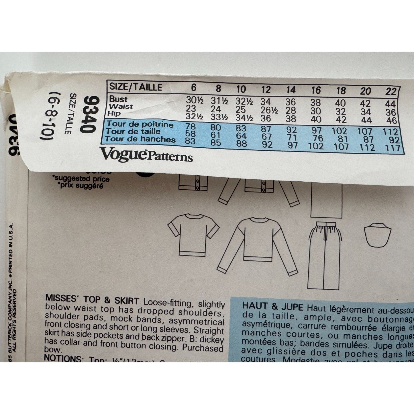 Vogue Sewing Pattern 9340 Misses Work Top Dickey Straight Skirt 6 8 10 1980s UC