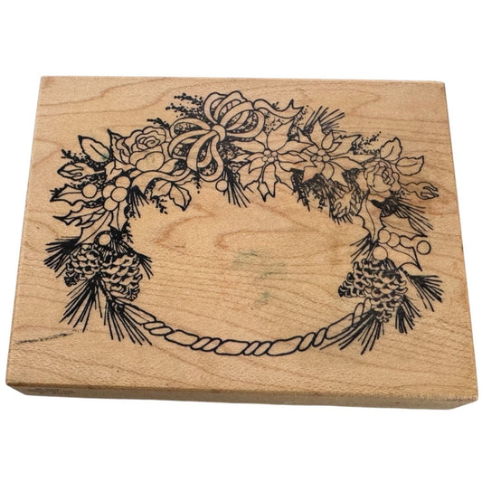 PSX Rubber Stamp Christmas Wreath Oval Pinecones Poinsettia Holidays Card Making