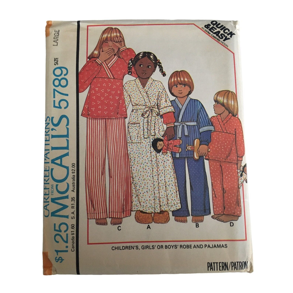 McCalls Sewing Pattern 5789 Girls Boys Robe Pajamas Sleepwear Sz Large 12-14 UC