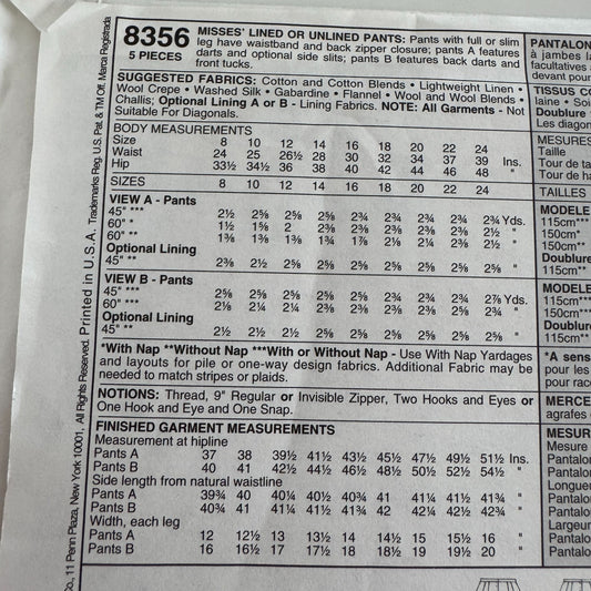 McCalls 8356 Sewing Pattern Misses Pants Size 20 Work Career Full or Slim Leg UC