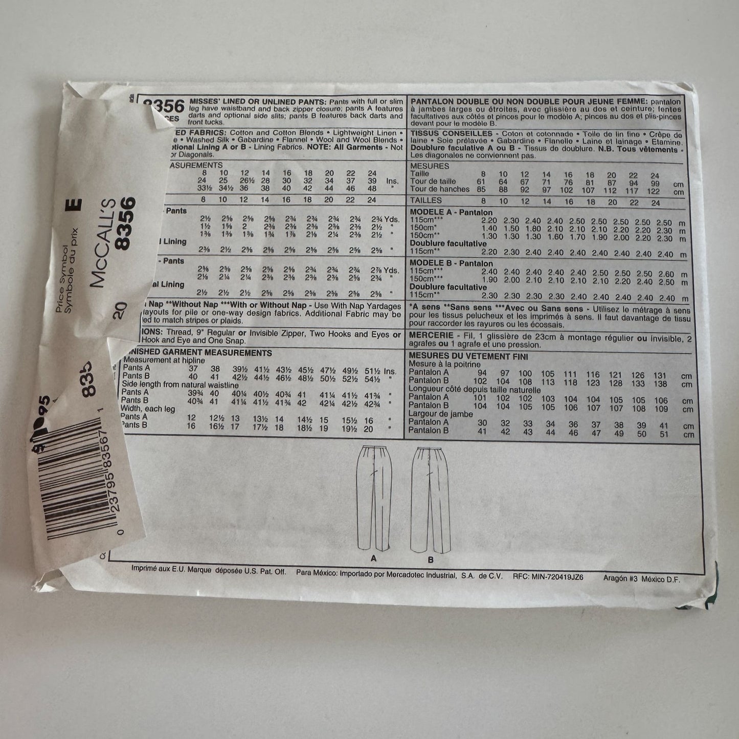 McCalls 8356 Sewing Pattern Misses Pants Size 20 Work Career Full or Slim Leg UC