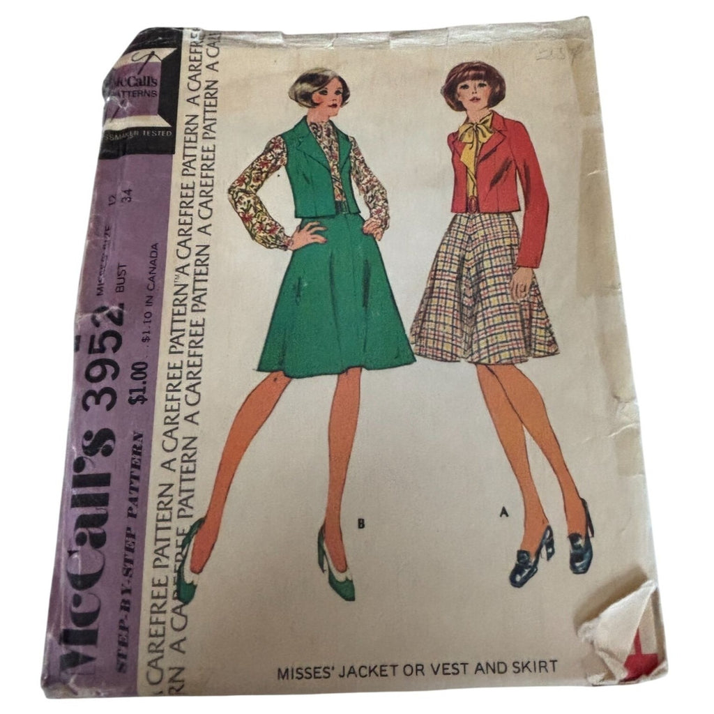 McCalls Sewing Pattern 3952 Jacket Vest Skirt Size 12 Bust 34 1970s Vintage UC