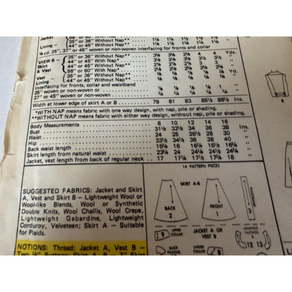 McCalls Sewing Pattern 3952 Jacket Vest Skirt Size 12 Bust 34 1970s Vintage UC