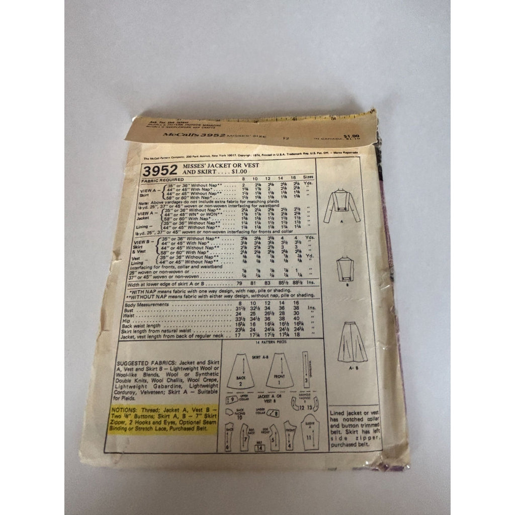 McCalls Sewing Pattern 3952 Jacket Vest Skirt Size 12 Bust 34 1970s Vintage UC