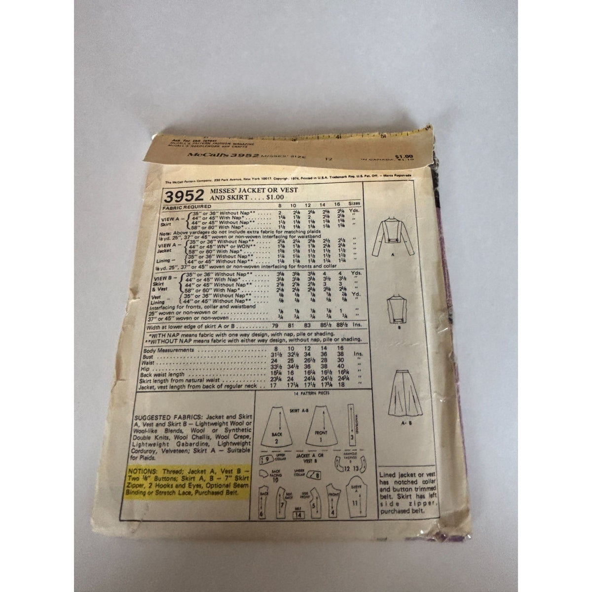 McCalls Sewing Pattern 3952 Jacket Vest Skirt Size 12 Bust 34 1970s Vintage UC