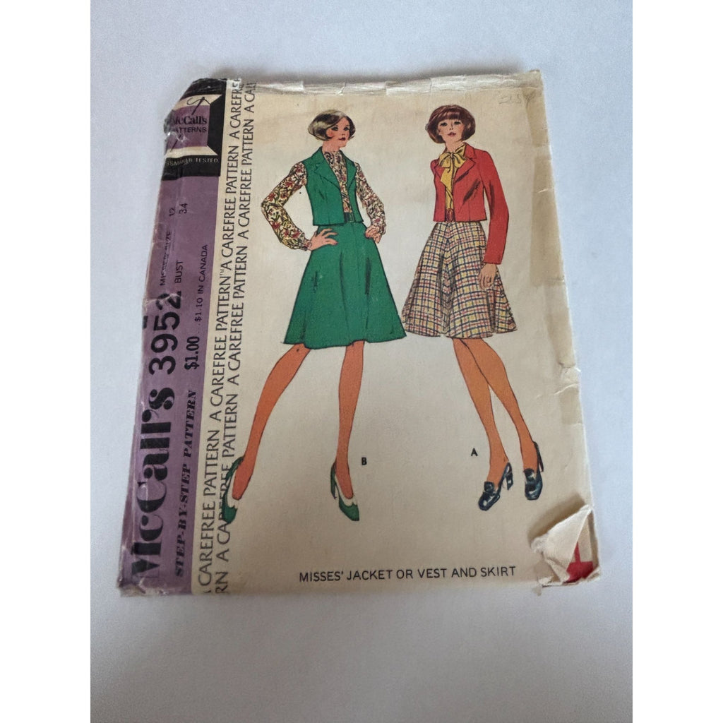 McCalls Sewing Pattern 3952 Jacket Vest Skirt Size 12 Bust 34 1970s Vintage UC