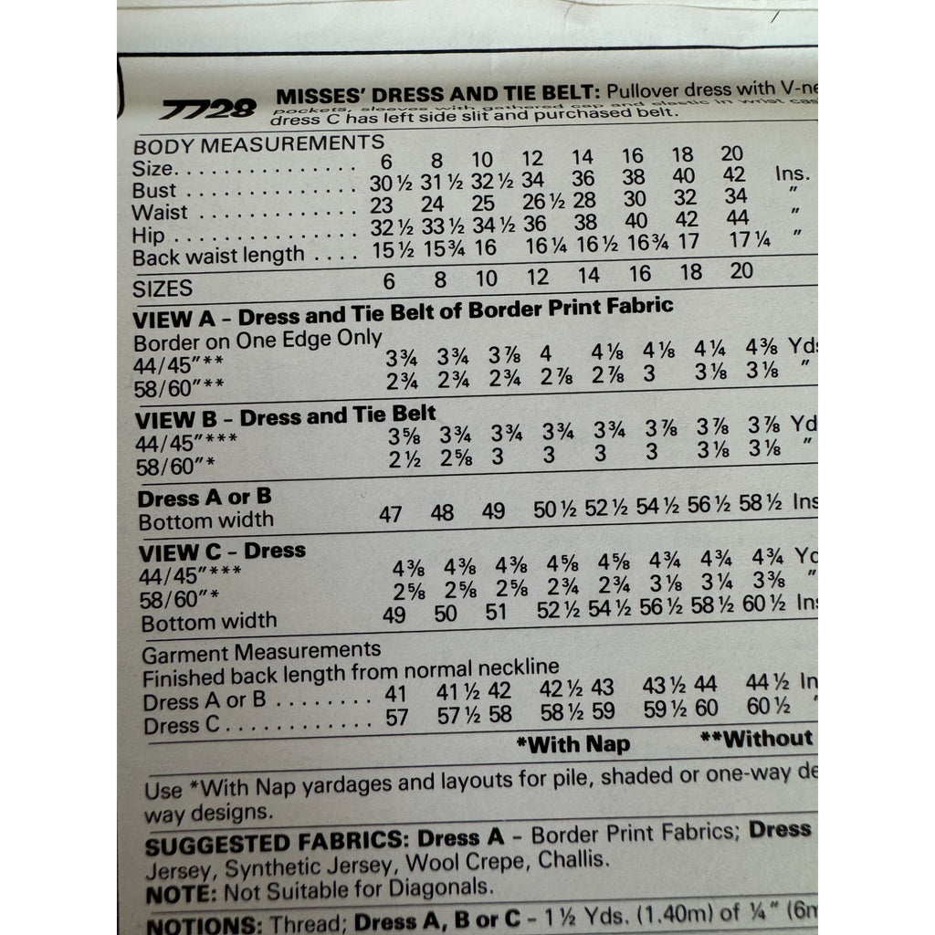 McCalls Sewing Pattern 7728 Long Dress and Tie Belt 16 18 20 Vintage 1980s Uncut
