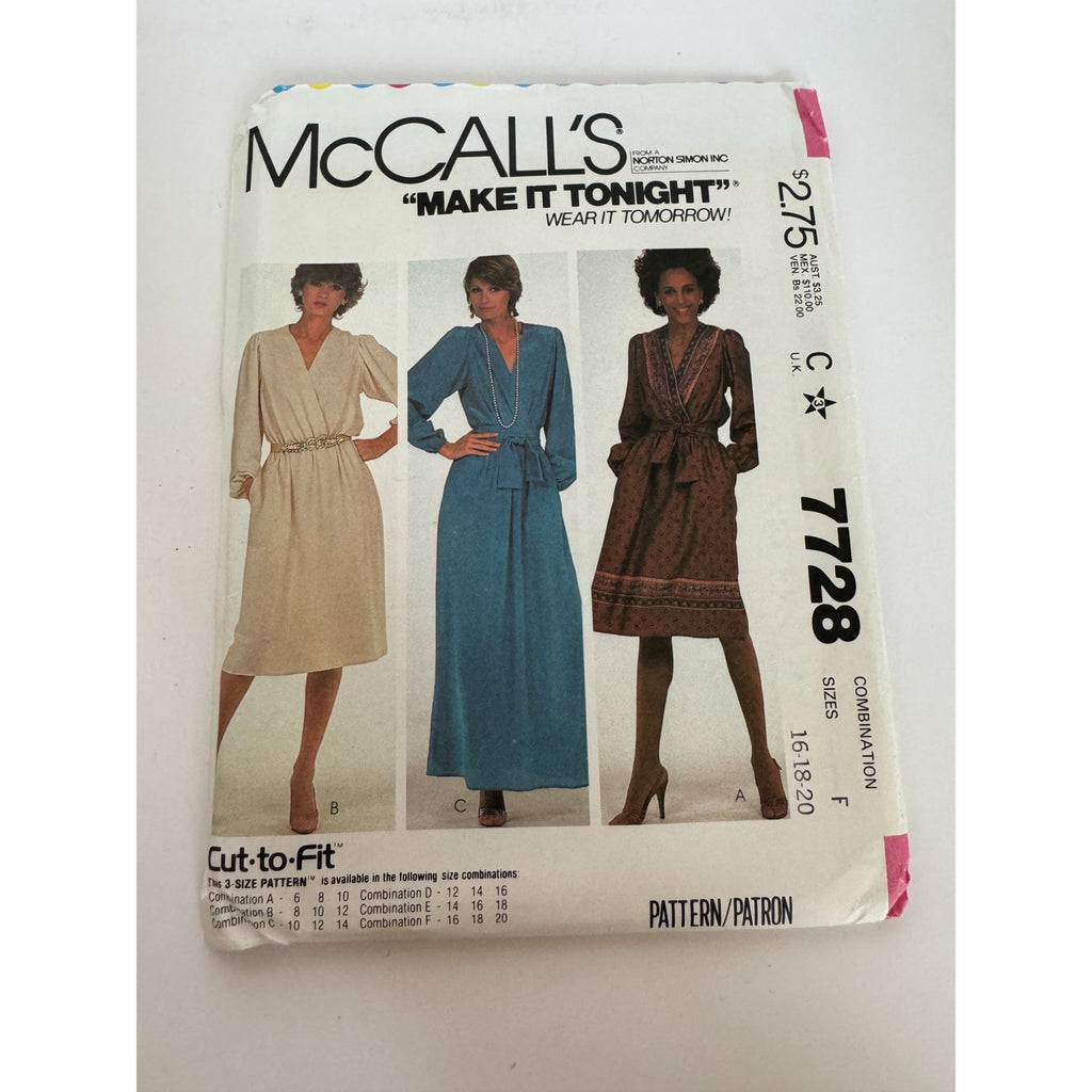 McCalls Sewing Pattern 7728 Long Dress and Tie Belt 16 18 20 Vintage 1980s Uncut