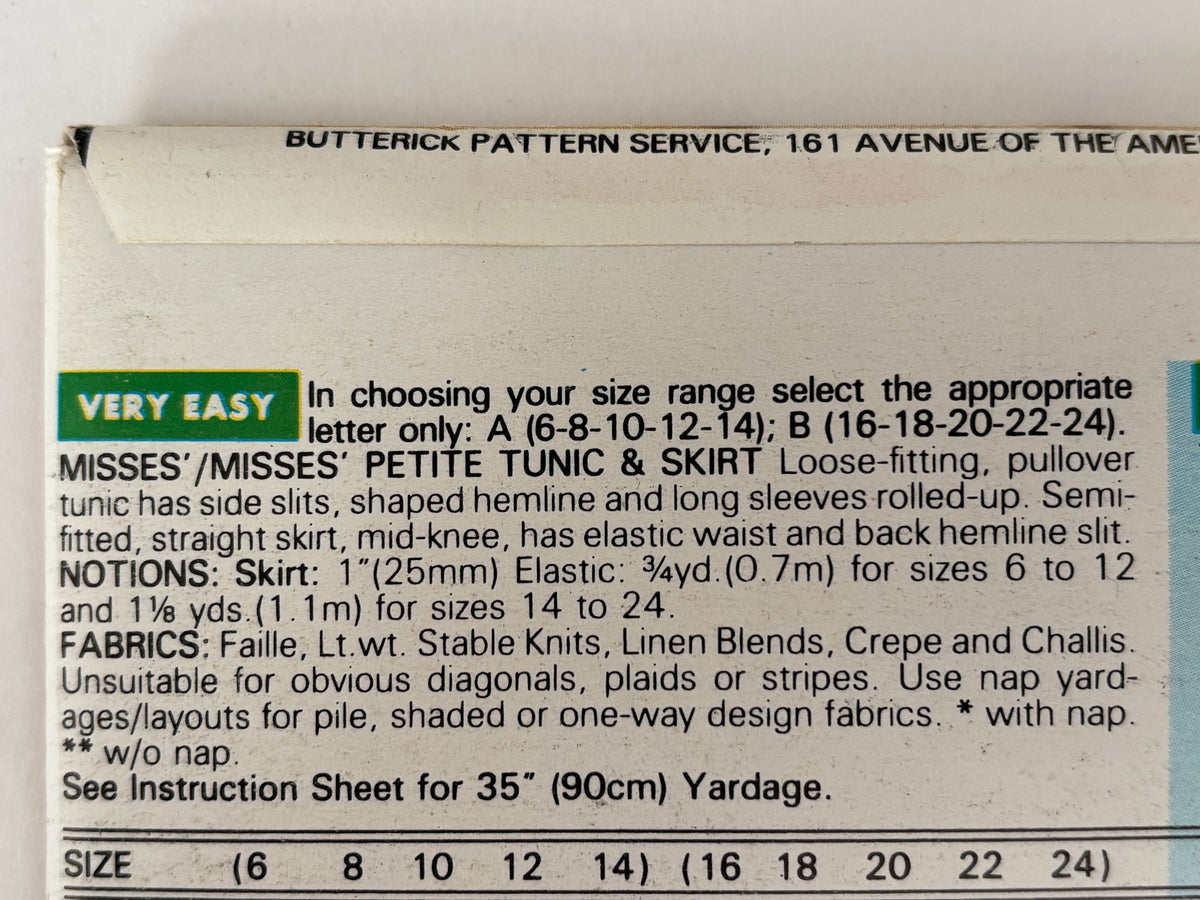Butterick Sewing Pattern 6622 Misses Tunic Skirt Minimalist Easy 6 8 10 12 14 UC