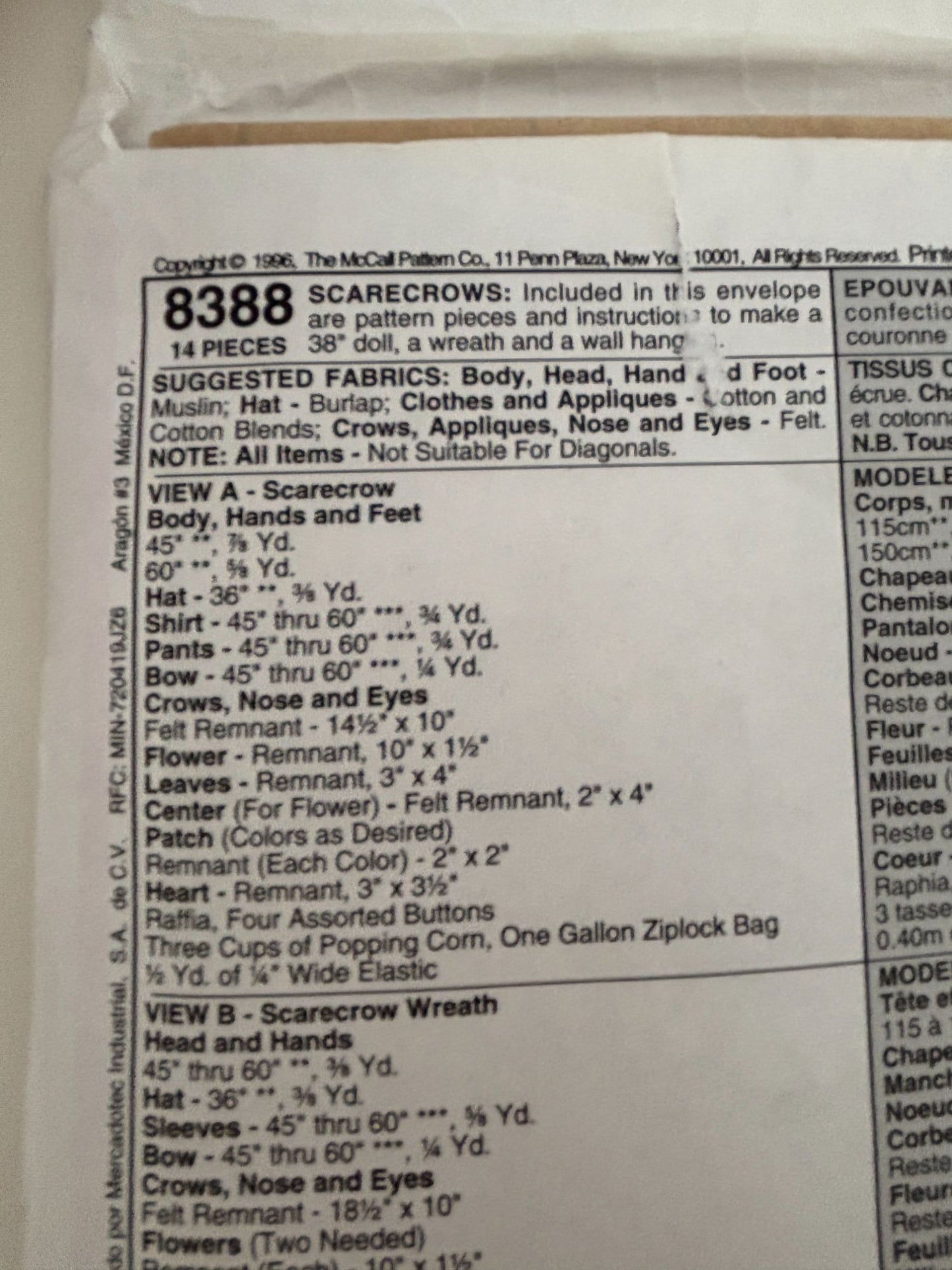 McCalls Crafts Sewing Pattern 8388 Scarecrow Doll Door Wreath Fall Home Decor UC