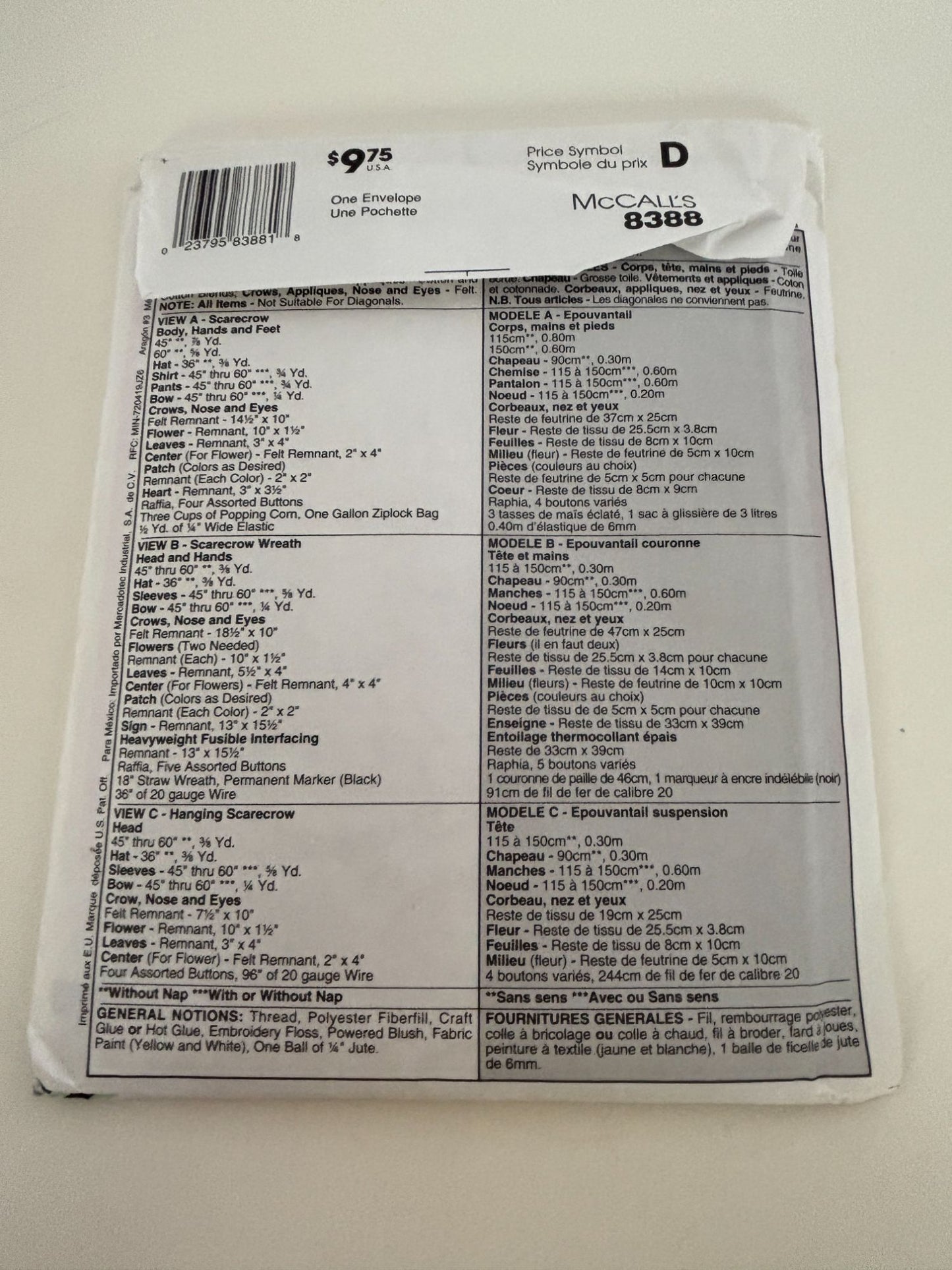 McCalls Crafts Sewing Pattern 8388 Scarecrow Doll Door Wreath Fall Home Decor UC