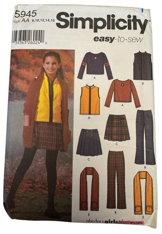Simplicity Sewing Pattern 5945 Pants Skirt Vest Scarf Top Girls 8-16 Preppy Easy