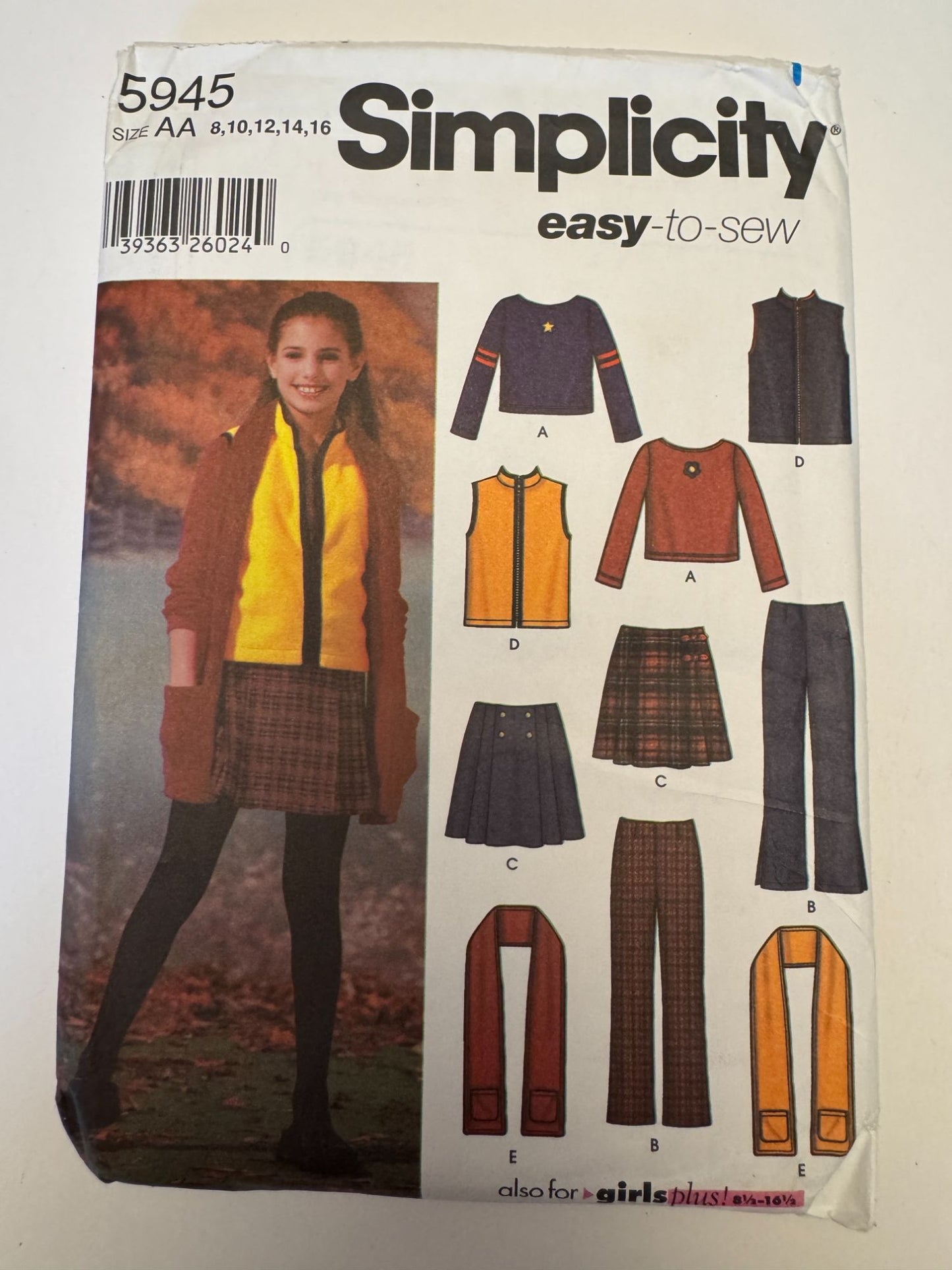 Simplicity Sewing Pattern 5945 Pants Skirt Vest Scarf Top Girls 8-16 Preppy Easy