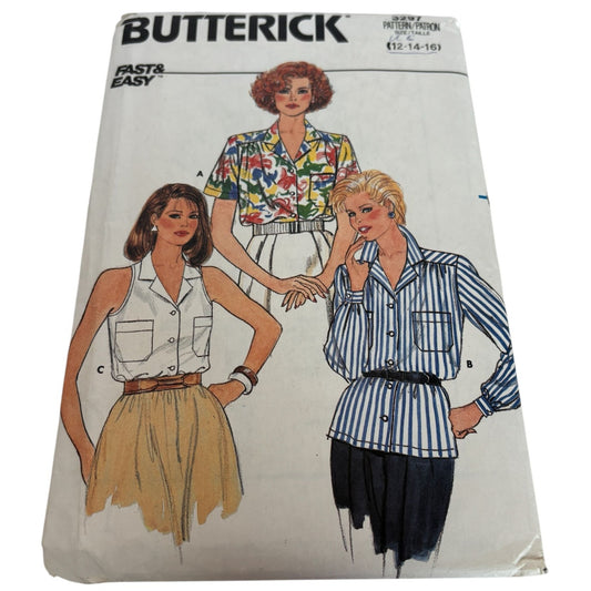 Butterick Sewing Pattern 3297 Work Blouse Shirt Top Vintage 1980s 12 14 16 CUT