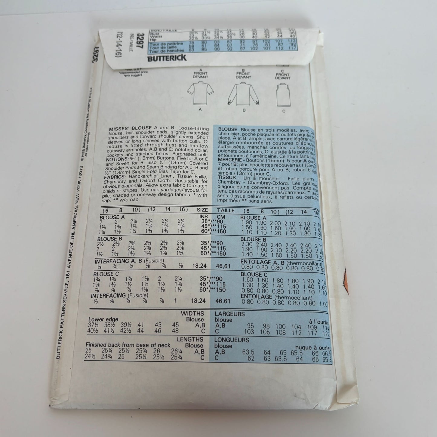 Butterick Sewing Pattern 3297 Work Blouse Shirt Top Vintage 1980s 12 14 16 CUT