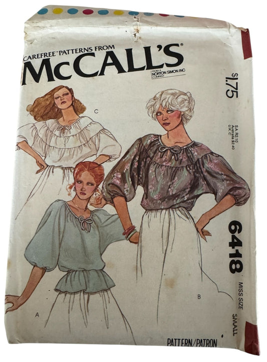 McCalls Sewing Pattern 6418  Blouse Round Neck Shirt Kimono Sleeves 10 12 1970s