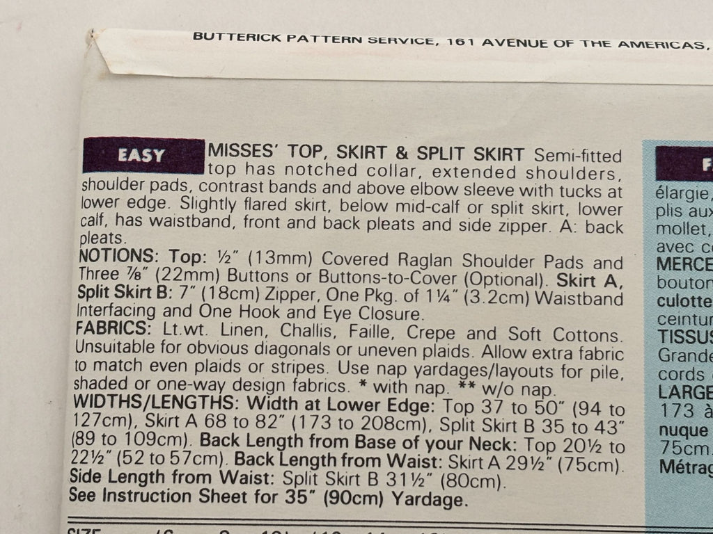Butterick Sewing Pattern 6574 Work Outfit Minimalist Split Skirt 90s 12 14 16 UC