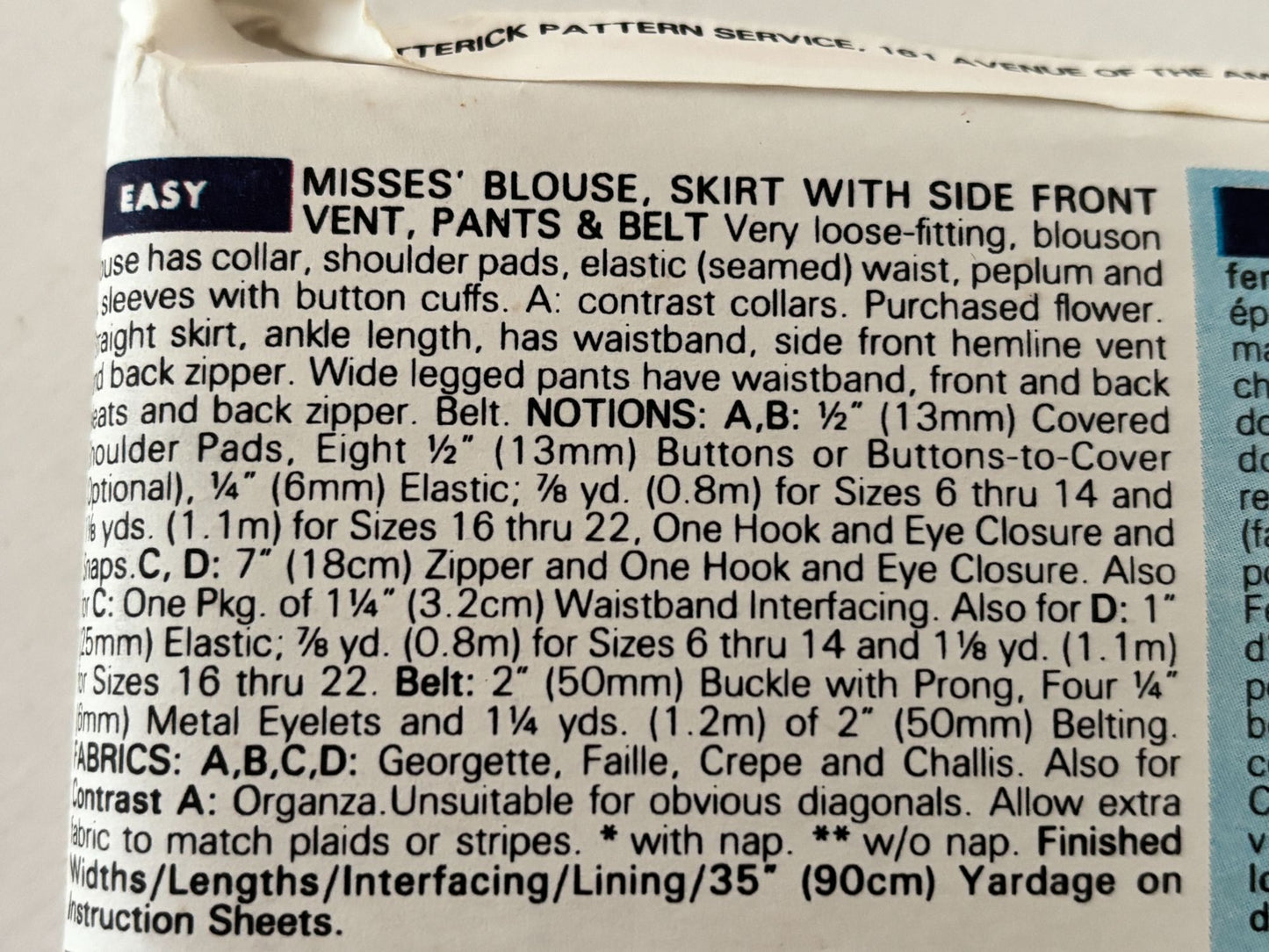 Butterick Sewing Pattern 6479: Misses' Blouse, Skirt, Pants and Belt