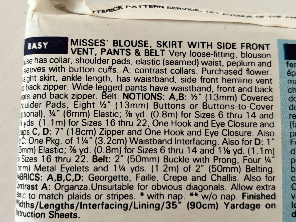 Butterick Sewing Pattern 6479: Misses' Blouse, Skirt, Pants and Belt