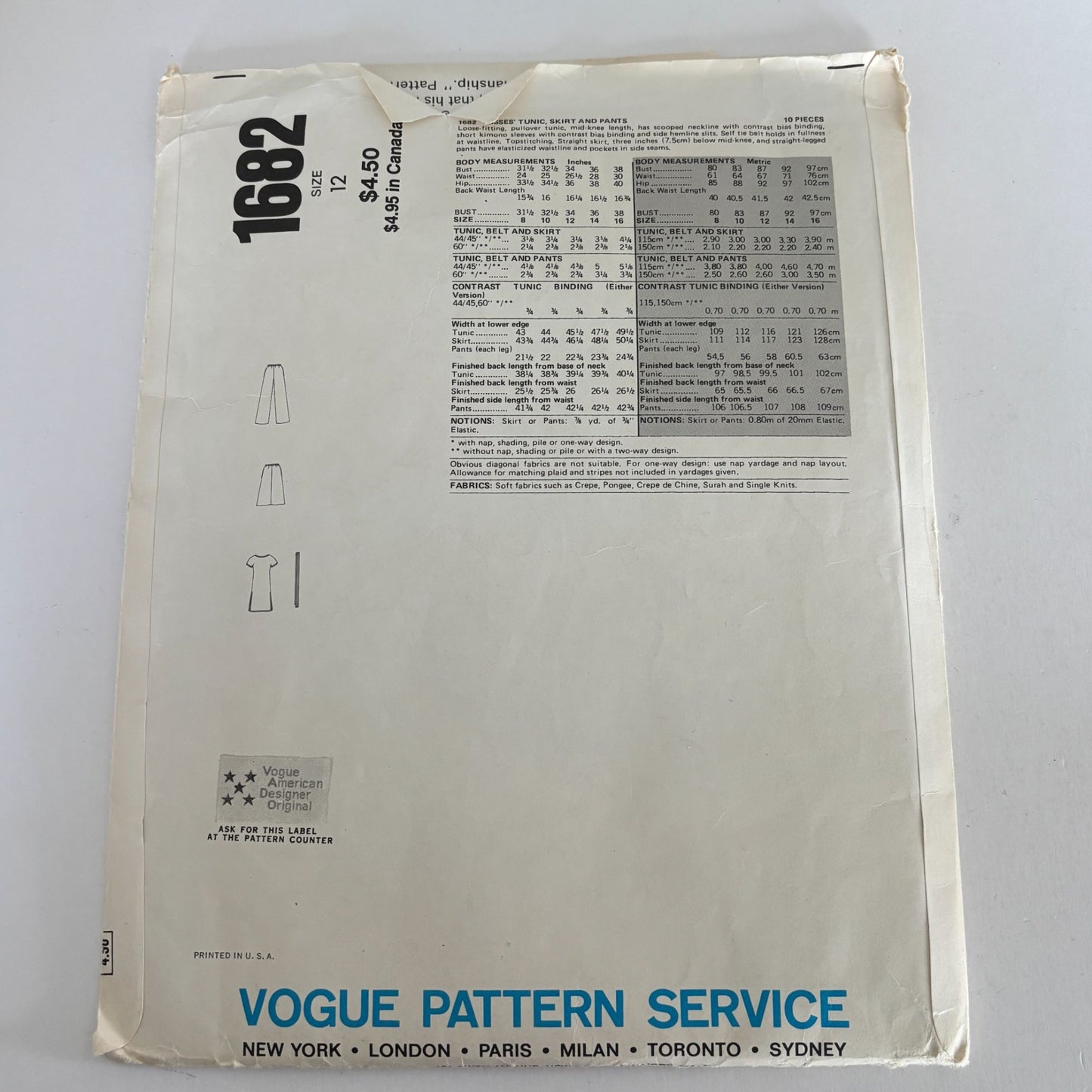 Vogue Sewing Pattern 1682 Designer Jerry Silverman Tunic Skirt Pants 1970s 12 Uncut Vintage