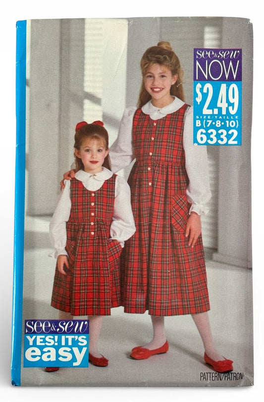 Butterick Sewing Pattern 6332 Girls Jumper Blouse Shirt Modest 90s Easy 7-10 UC