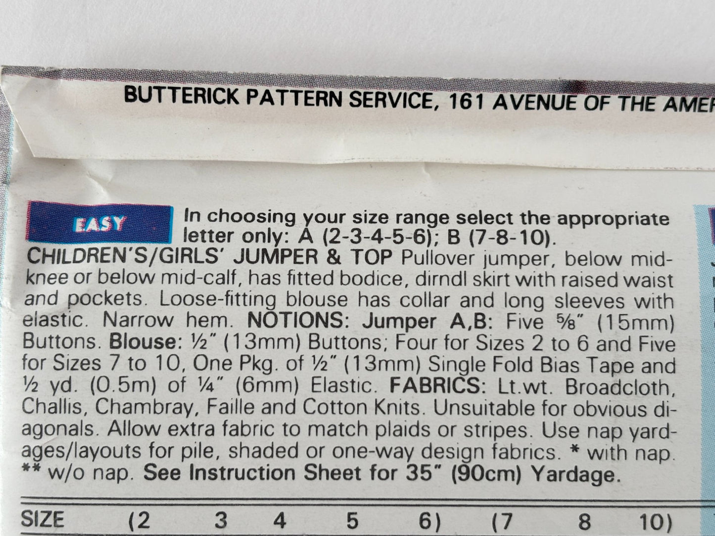 Butterick Sewing Pattern 6332 Girls Jumper Blouse Shirt Modest 90s Easy 7-10 UC