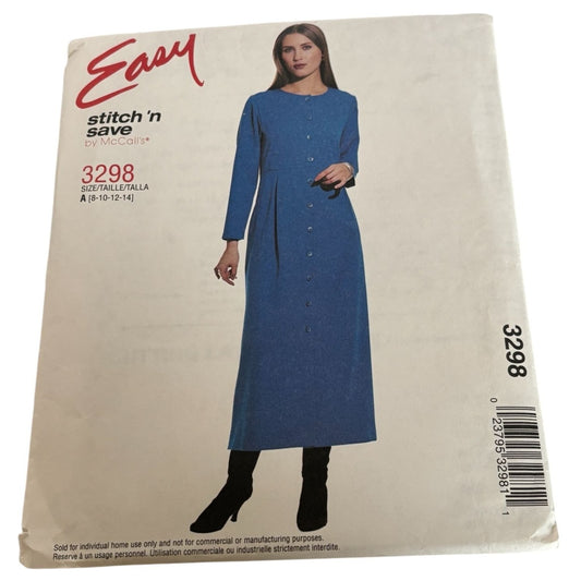 McCalls Stitch N Save Sewing Pattern 3298 A-Line Dress Long Sleeve Pockets 8-14