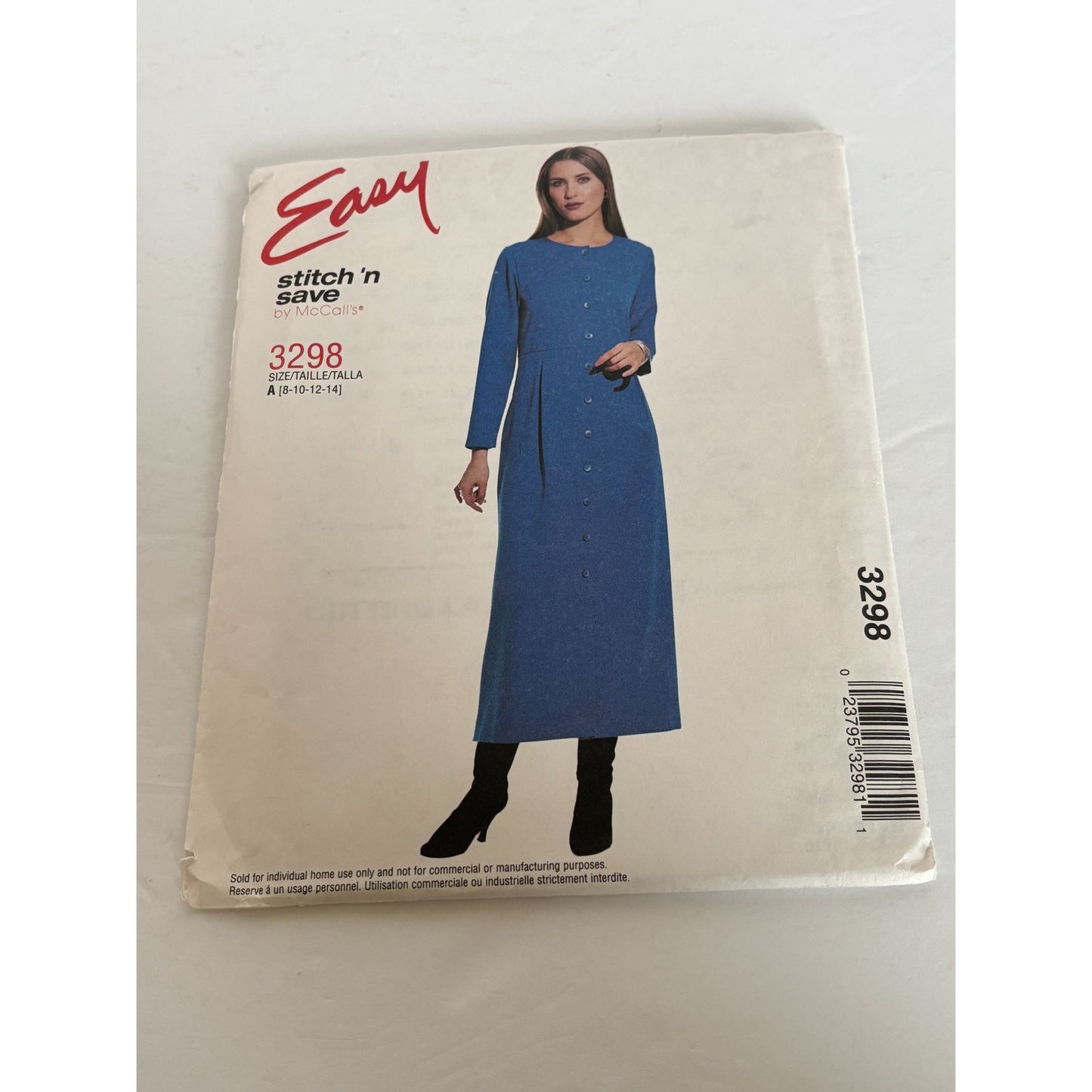 McCalls Stitch N Save Sewing Pattern 3298 A-Line Dress Long Sleeve Pockets 8-14
