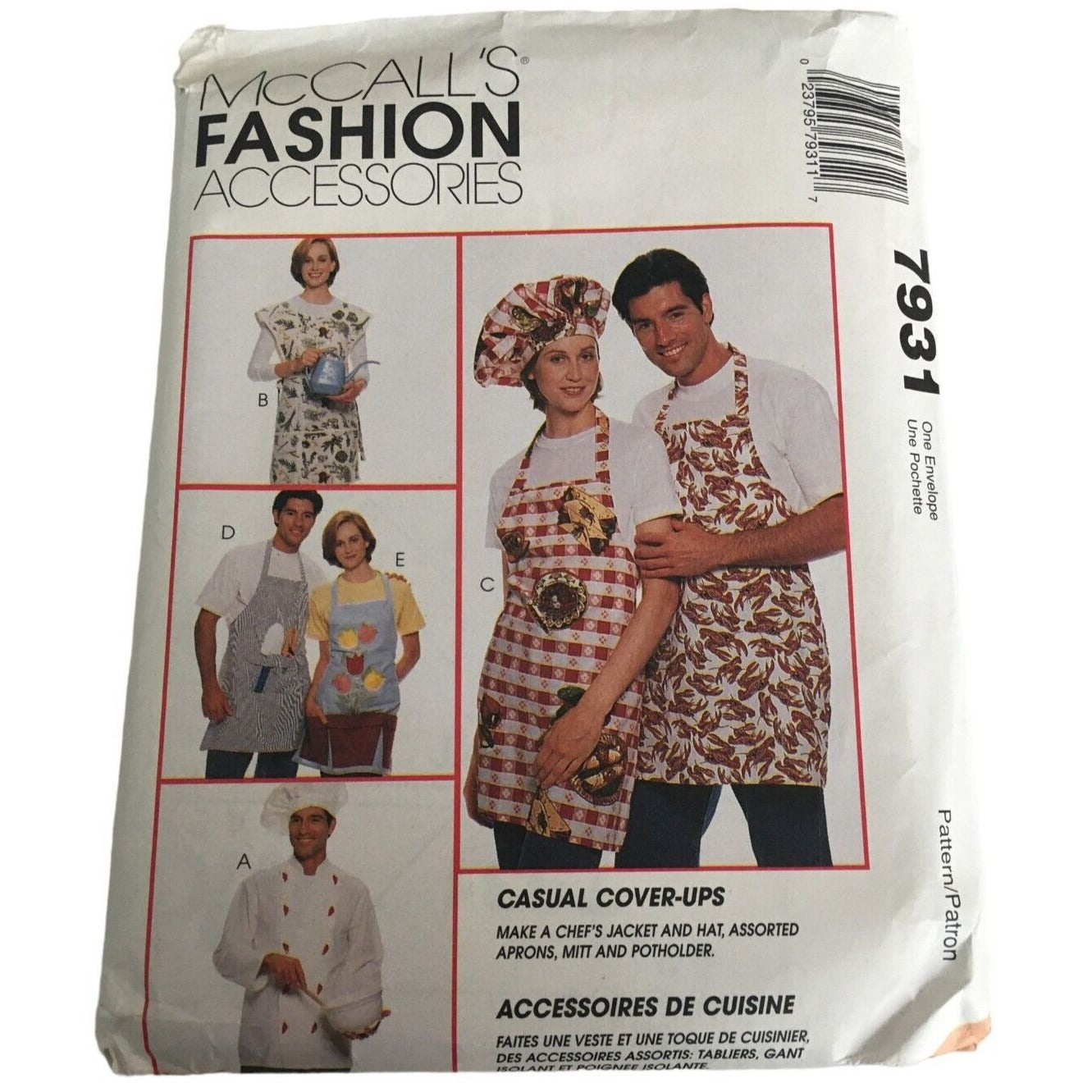 McCalls Sewing Pattern 7931 Chef Jacket Coat Hat Kitchen Apron Adult S M L Uncut