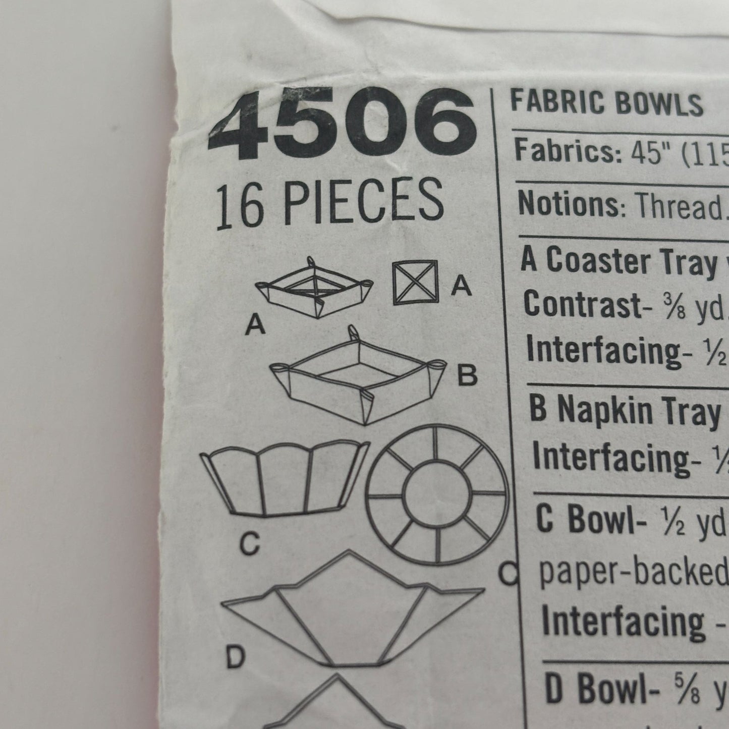 Simplicity Sewing Pattern 4506 Fabric Bowls Dish Jewelry Holder Napkin Tray UC