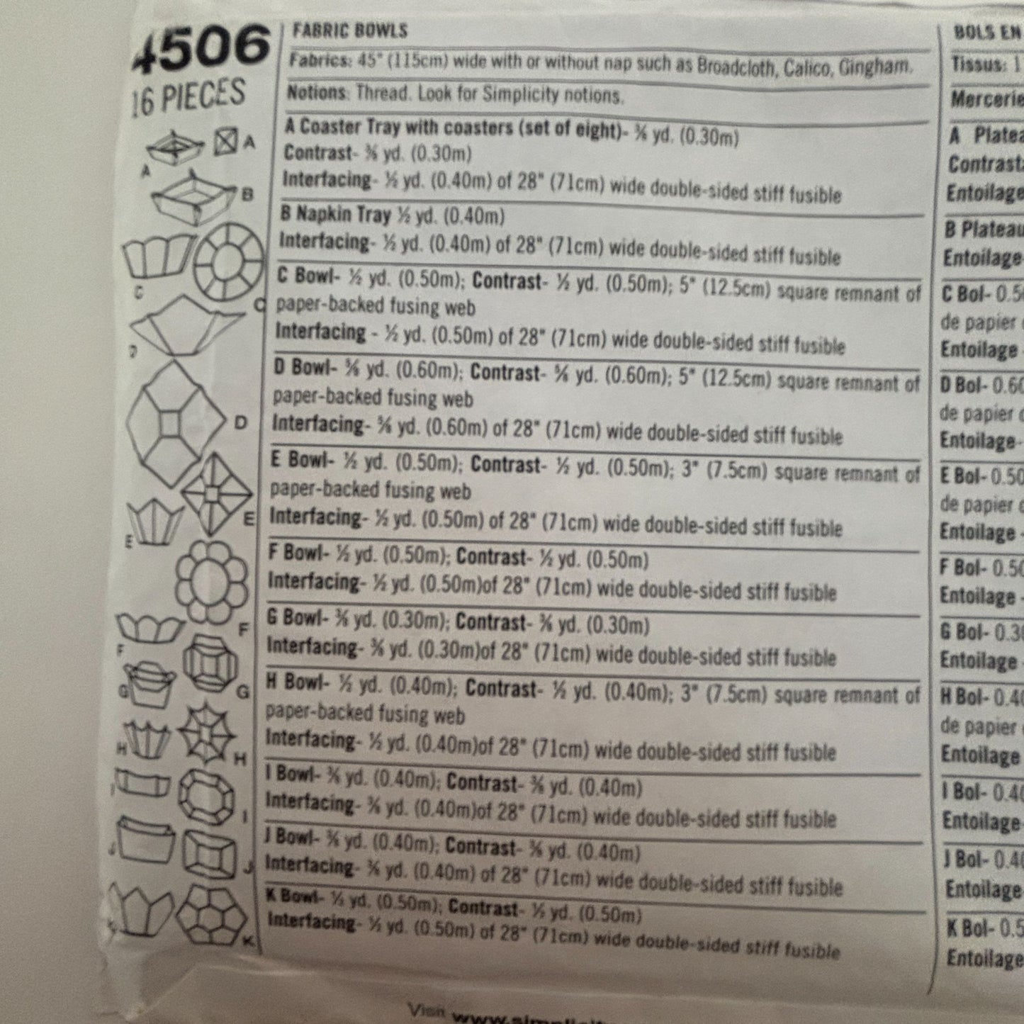 Simplicity Sewing Pattern 4506 Fabric Bowls Dish Jewelry Holder Napkin Tray UC