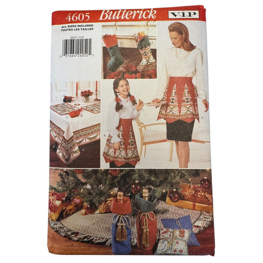 Butterick Sewing Pattern 4605 Christmas Apron Tablecloth Stockings Tree Skirt Uncut Pillow Gift