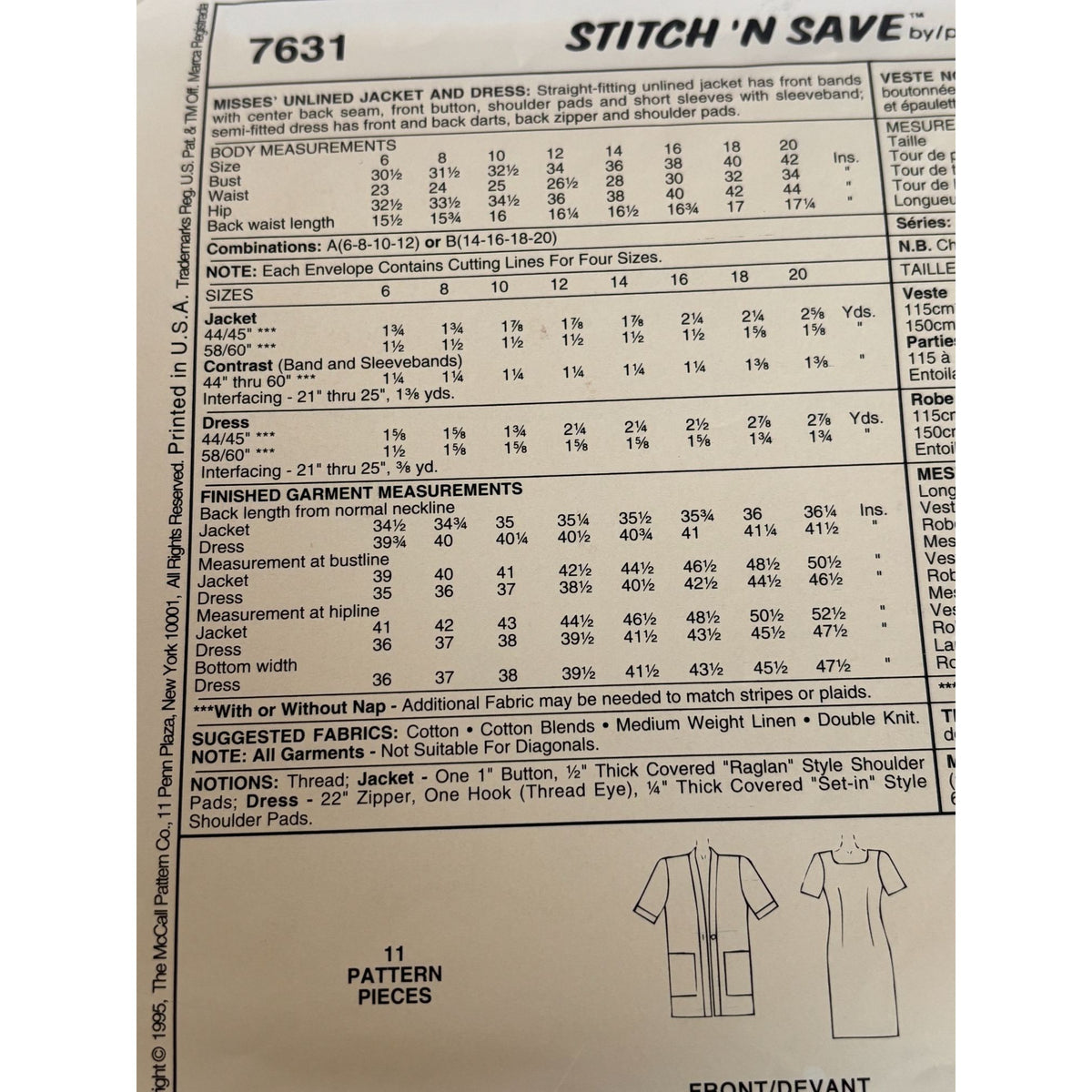 McCalls Sewing Pattern 7631 Misses Unlined Jacket Dress Work Outfit 14 16 18 20
