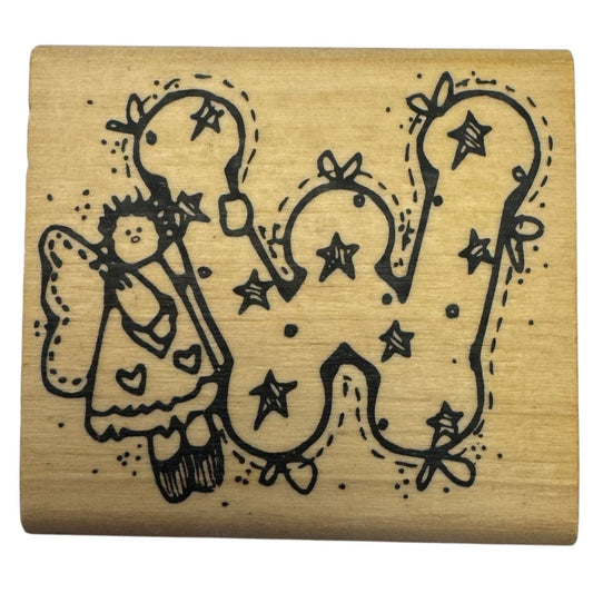 Hooks Lines and Inkers Rubber Stamp Alphabet Letter W Initial Country Angel Wood