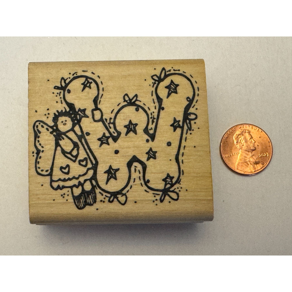 Hooks Lines and Inkers Rubber Stamp Alphabet Letter W Initial Country Angel Wood