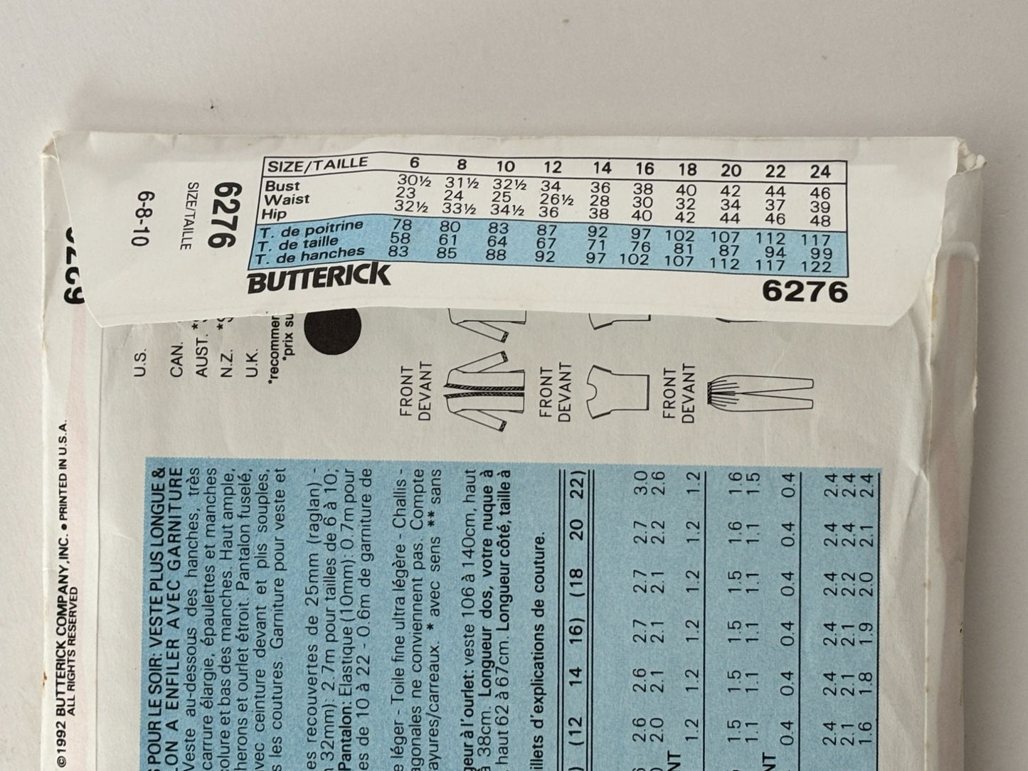 Butterick Sewing Pattern 6276 Evening Jacket Pants 1990s Vintage Easy 6 8 10 UC