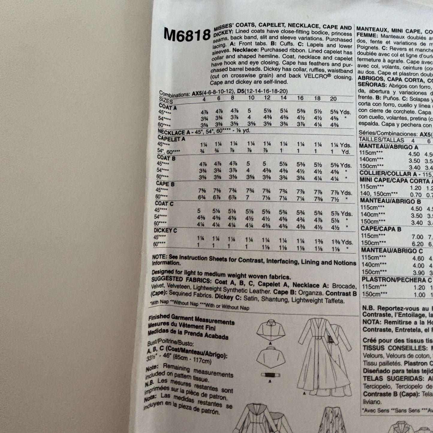 McCalls Costume Sewing Pattern M6818 Gothic Coat Victorian Steampunk Capelet Cosplay 12–20 UNCUT Fantasy