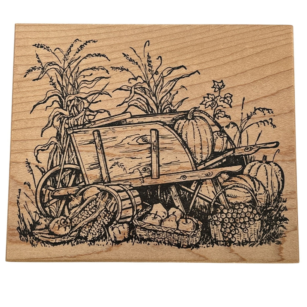 Northwoods Rubber Stamp Wheelbarrow Wagon Harvest Scene Thanksgiving Pumpkin Apples Corn Wood Mounted Cardmaking