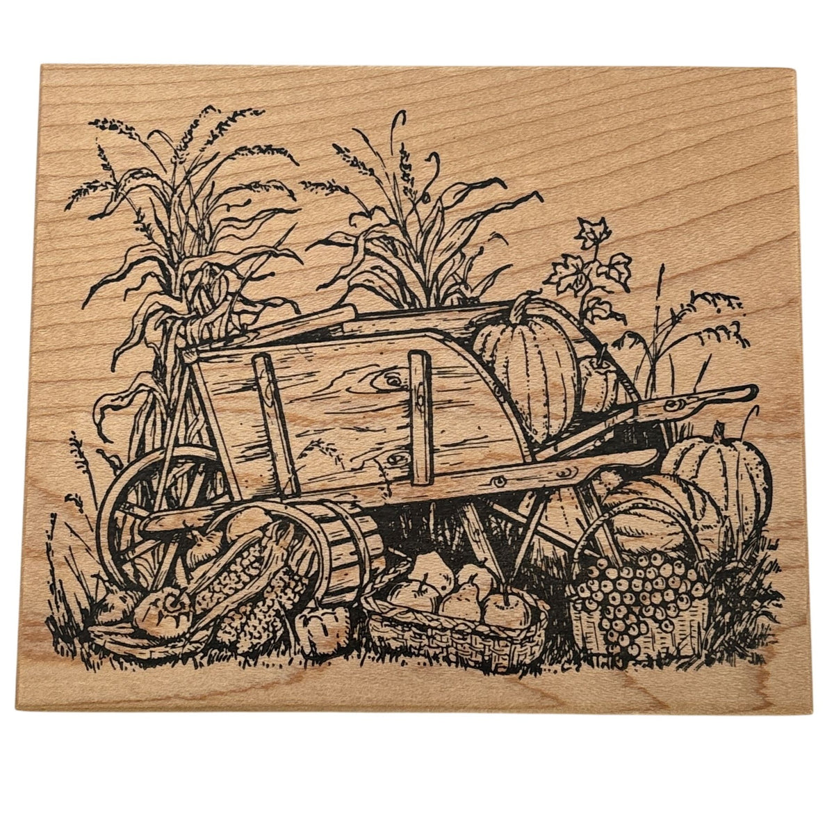 Northwoods Rubber Stamp Wheelbarrow Wagon Harvest Scene Thanksgiving Pumpkin Apples Corn Wood Mounted Cardmaking