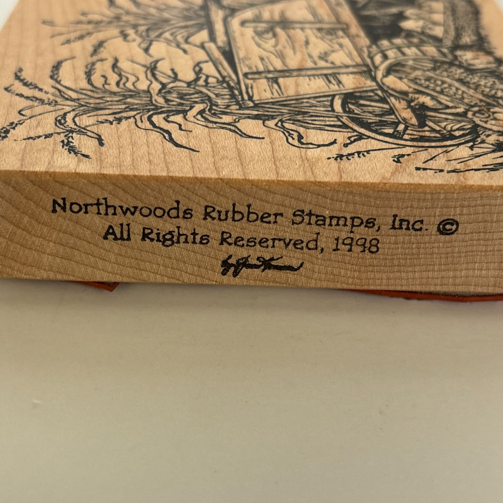 Northwoods Rubber Stamp Wheelbarrow Wagon Harvest Scene Thanksgiving Pumpkin Apples Corn Wood Mounted Cardmaking