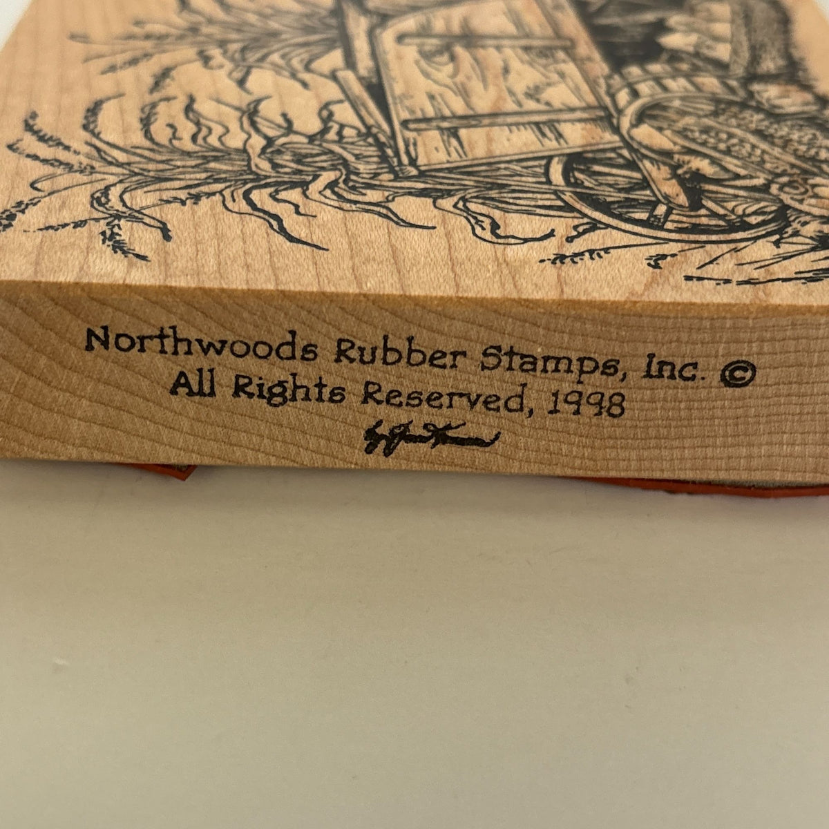 Northwoods Rubber Stamp Wheelbarrow Wagon Harvest Scene Thanksgiving Pumpkin Apples Corn Wood Mounted Cardmaking