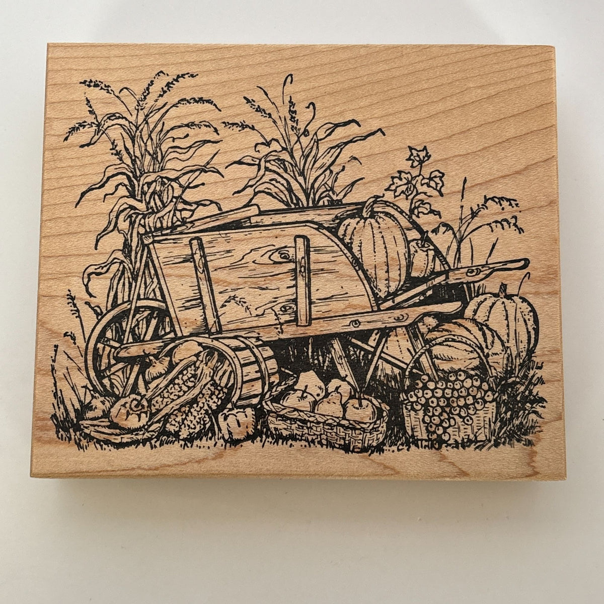 Northwoods Rubber Stamp Wheelbarrow Wagon Harvest Scene Thanksgiving Pumpkin Apples Corn Wood Mounted Cardmaking