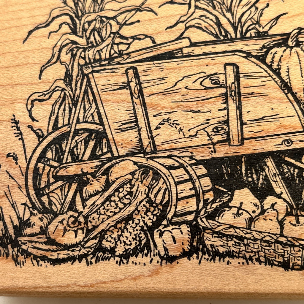 Northwoods Rubber Stamp Wheelbarrow Wagon Harvest Scene Thanksgiving Pumpkin Apples Corn Wood Mounted Cardmaking