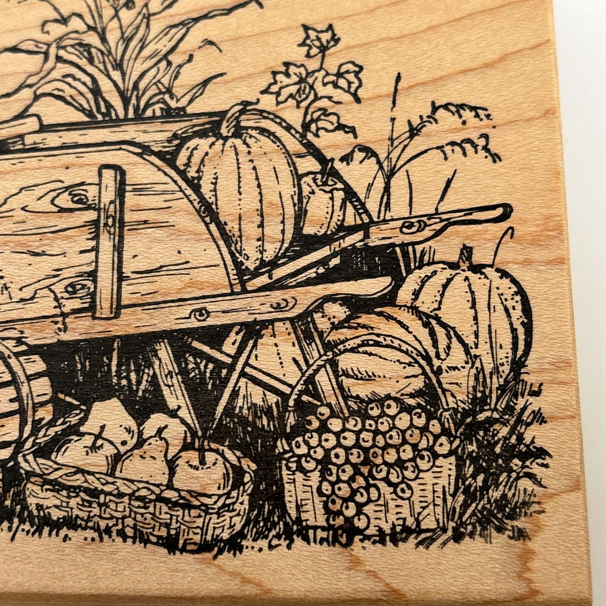 Northwoods Rubber Stamp Wheelbarrow Wagon Harvest Scene Thanksgiving Pumpkin Apples Corn Wood Mounted Cardmaking