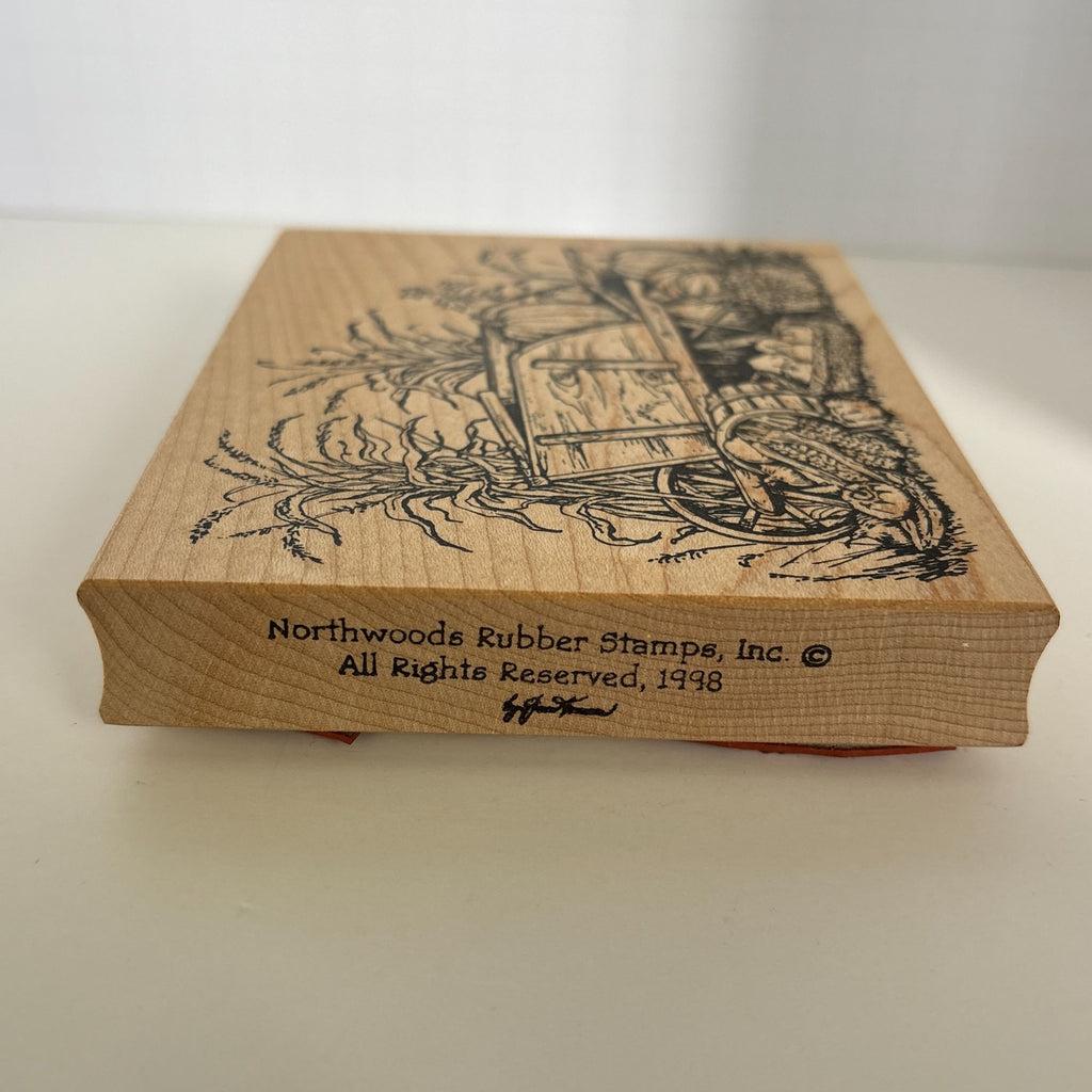 Northwoods Rubber Stamp Wheelbarrow Wagon Harvest Scene Thanksgiving Pumpkin Apples Corn Wood Mounted Cardmaking