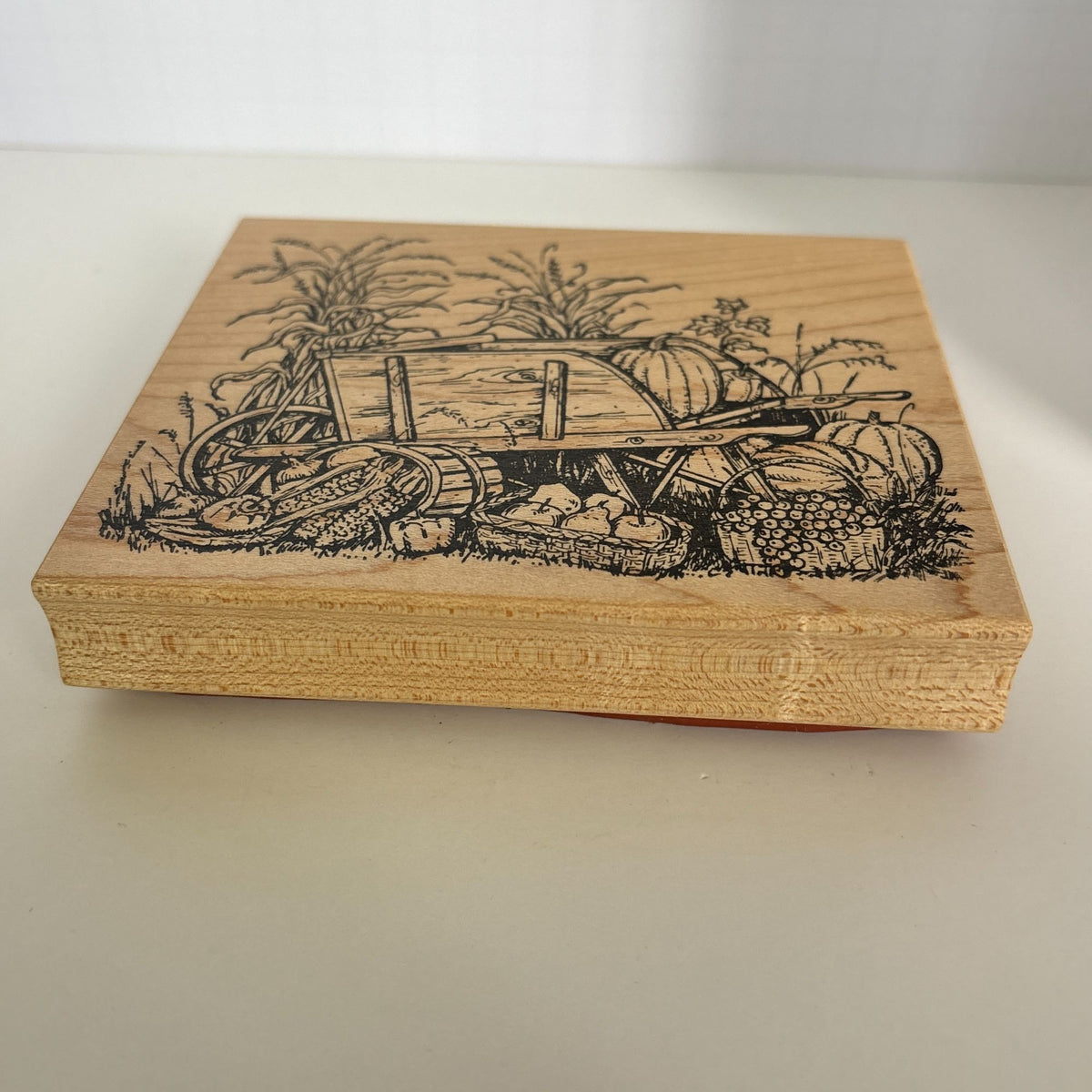 Northwoods Rubber Stamp Wheelbarrow Wagon Harvest Scene Thanksgiving Pumpkin Apples Corn Wood Mounted Cardmaking