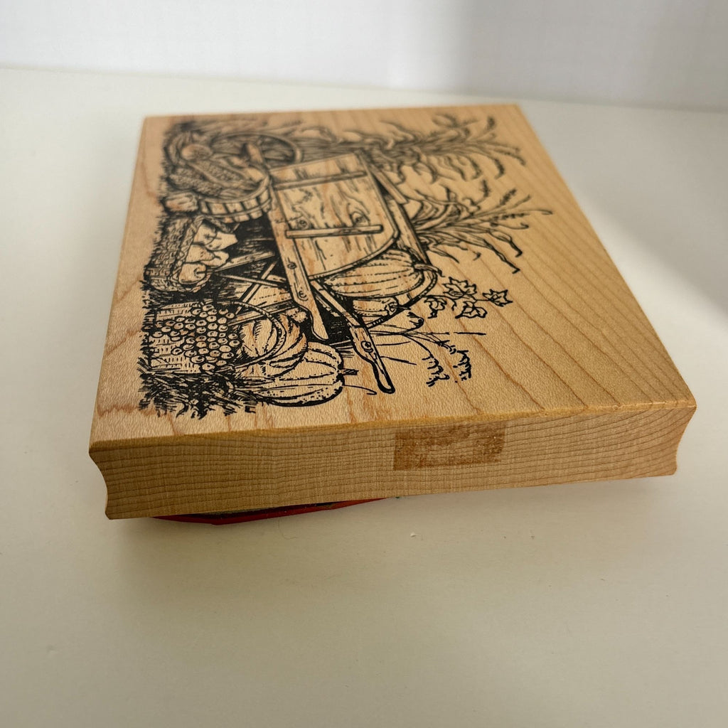 Northwoods Rubber Stamp Wheelbarrow Wagon Harvest Scene Thanksgiving Pumpkin Apples Corn Wood Mounted Cardmaking