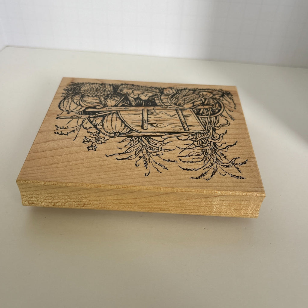 Northwoods Rubber Stamp Wheelbarrow Wagon Harvest Scene Thanksgiving Pumpkin Apples Corn Wood Mounted Cardmaking