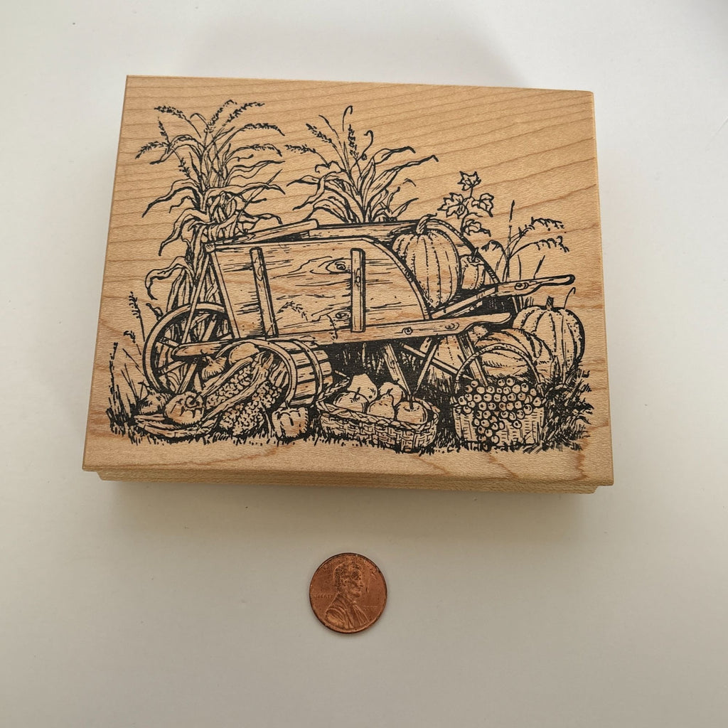 Northwoods Rubber Stamp Wheelbarrow Wagon Harvest Scene Thanksgiving Pumpkin Apples Corn Wood Mounted Cardmaking